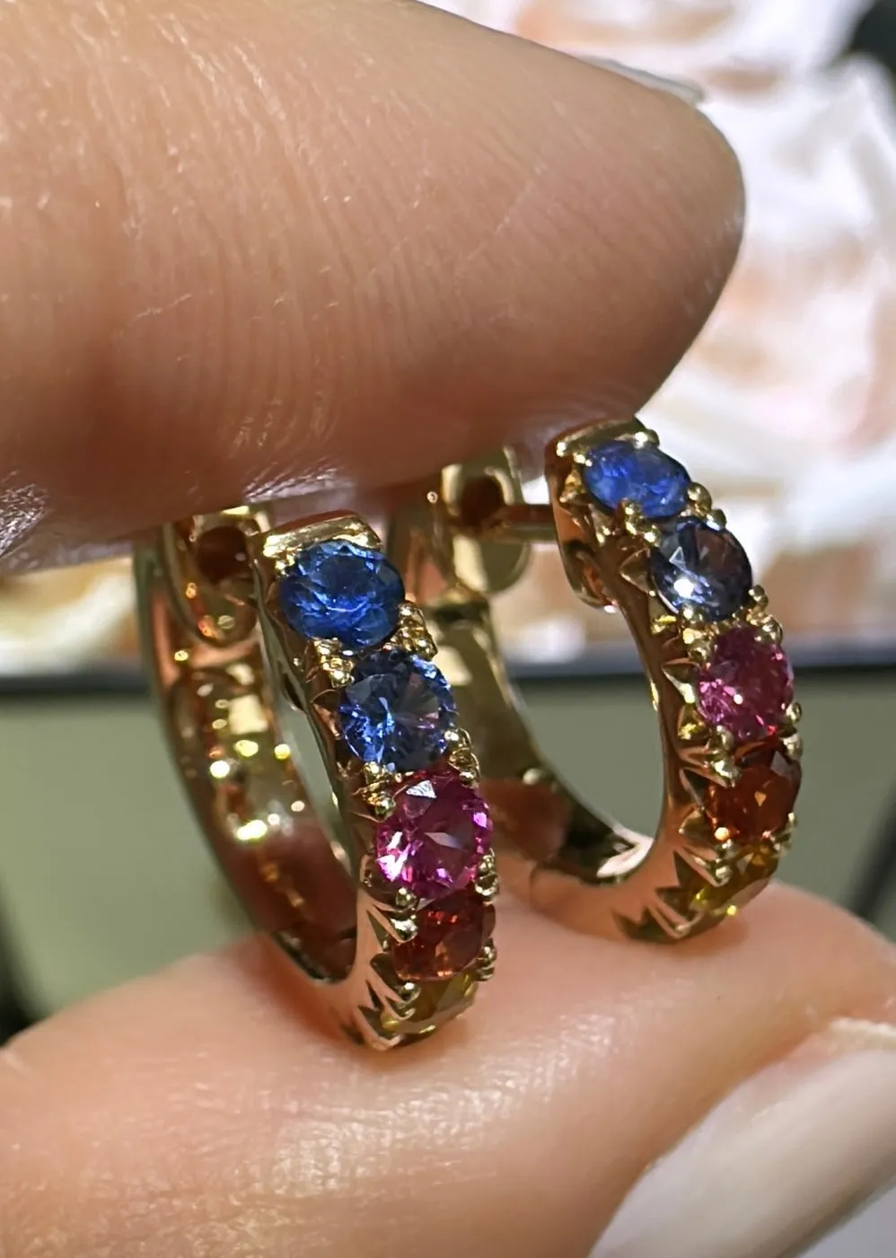 0.41carat Rainbow Sapphire Rose Gold Huggie Hoop Earrings