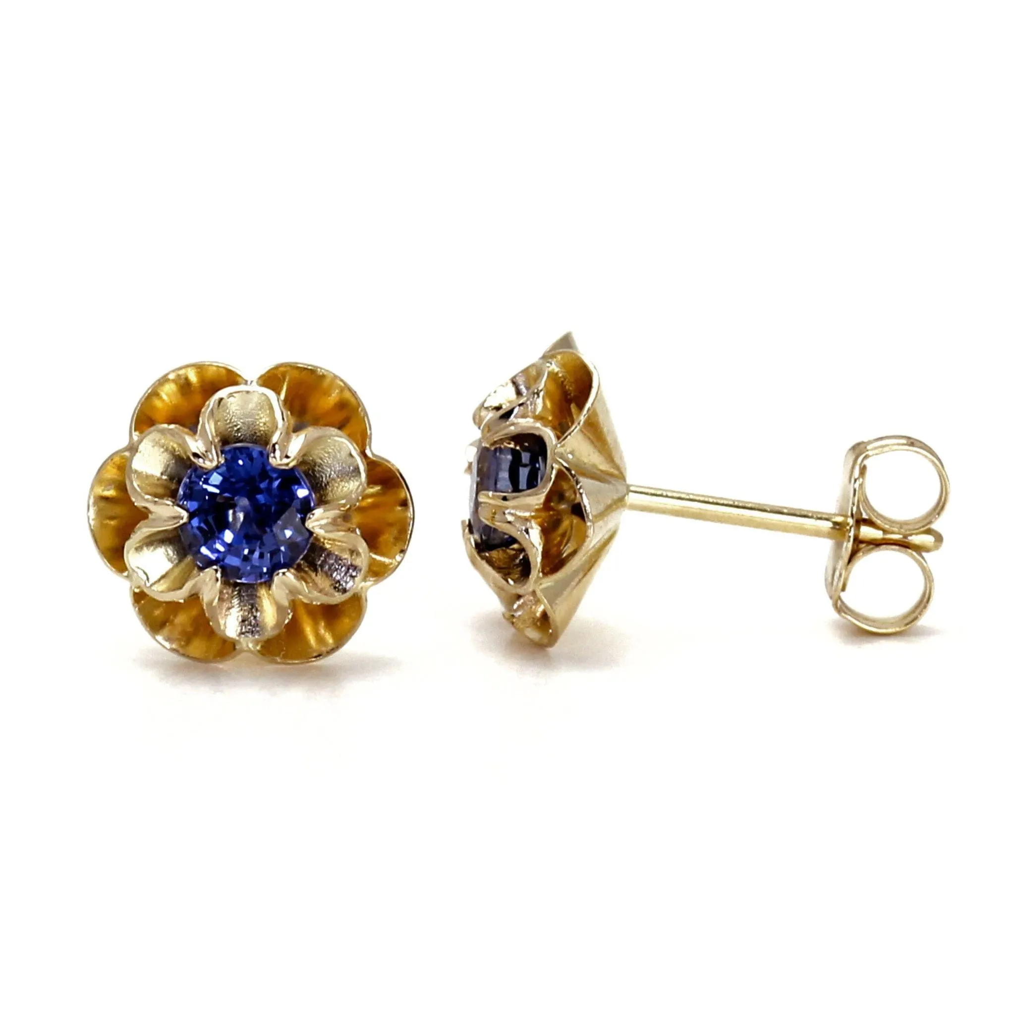 14K Gold Blue Sapphire Earrings with Flower Design