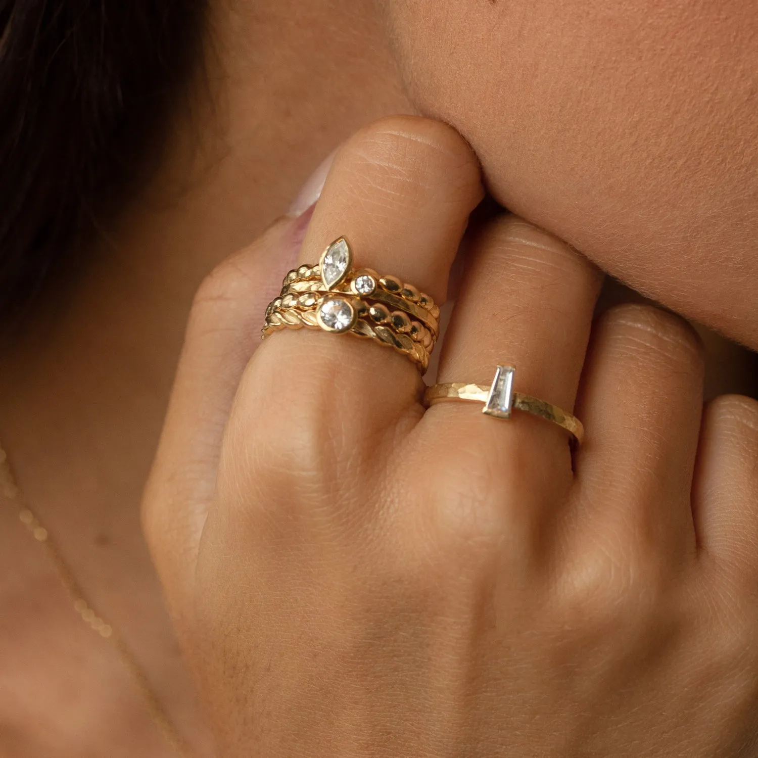 14k Hammered Narrative Ring with Tapered Baguette Diamond