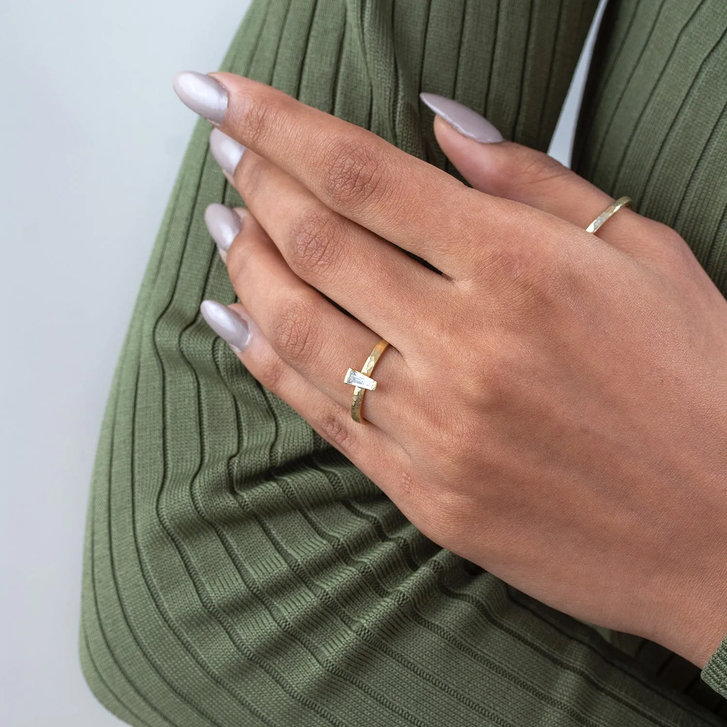 14k Hammered Narrative Ring with Tapered Baguette Diamond