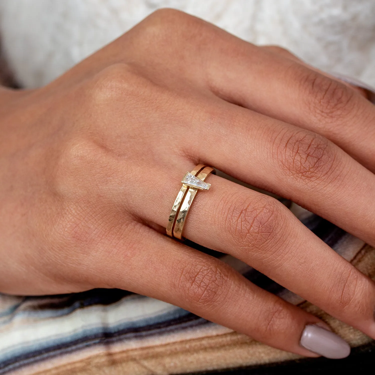 14k Hammered Narrative Ring with Tapered Baguette Diamond