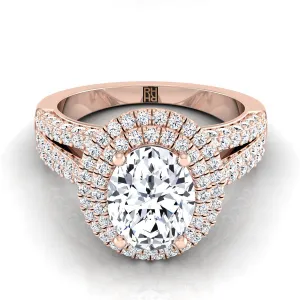 14K Rose Gold Oval Extraordinary Three Tier Diamond Halo Crown Engagement Ring -7/8ctw