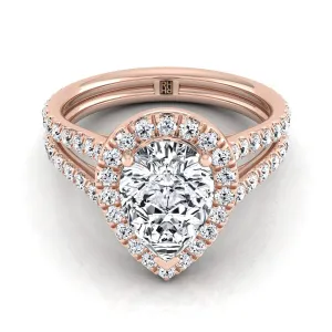 14K Rose Gold Pear Shape Center Diamond Halo Two Row Pavé Split Shank Engagement Ring -7/8ctw