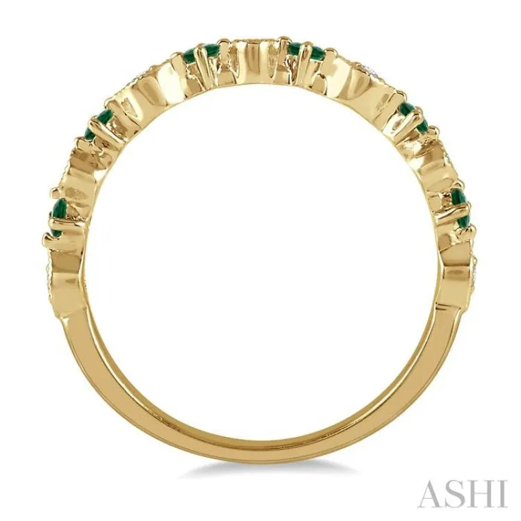 1.80 MM Round Cut Emerald and 1/20 Ctw Round Cut Diamond Half Eternity Wedding Band in 14K Yellow Gold