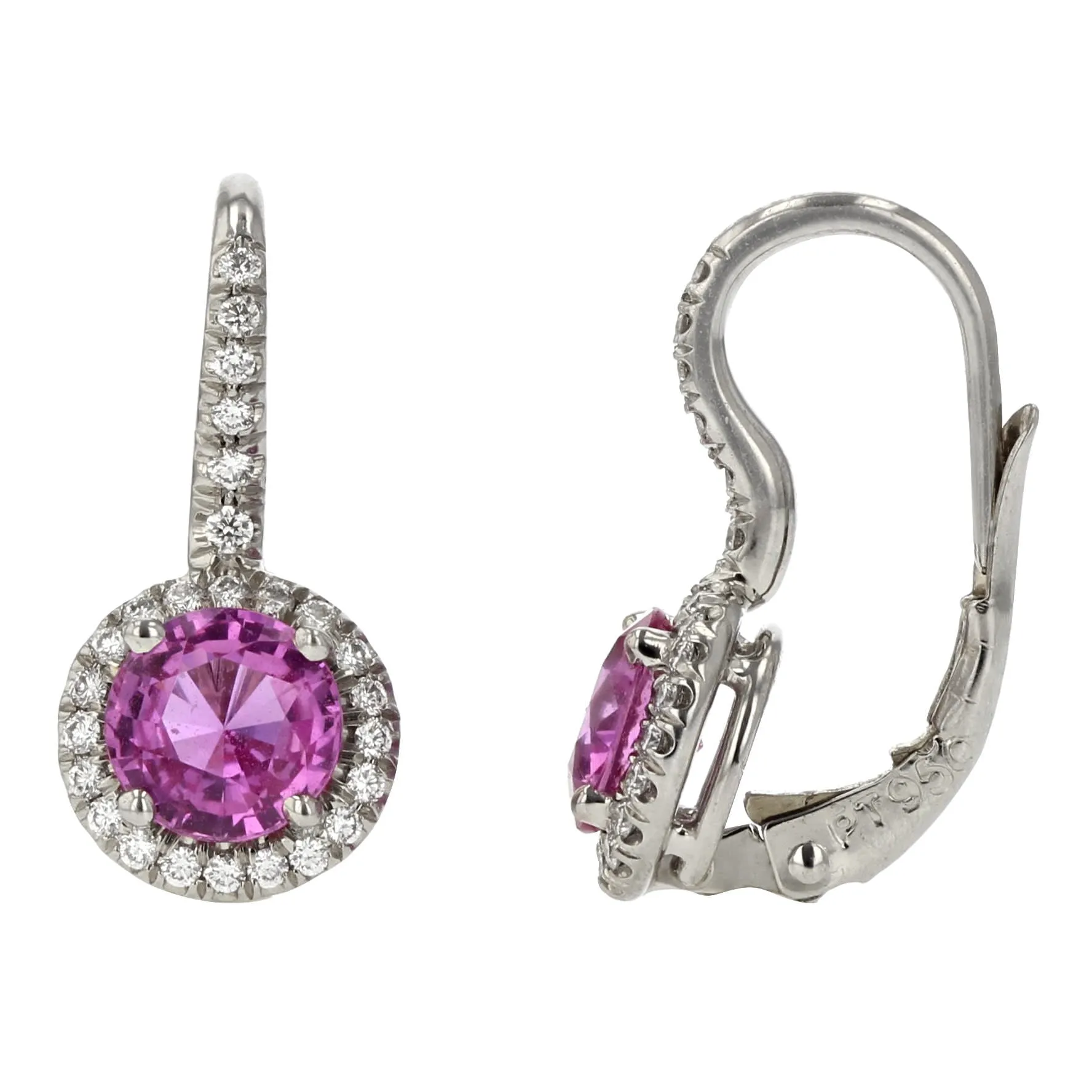 1.81ct Pink Sapphire and 0.24ct Diamond Halo Leverback Earrings in Platinum