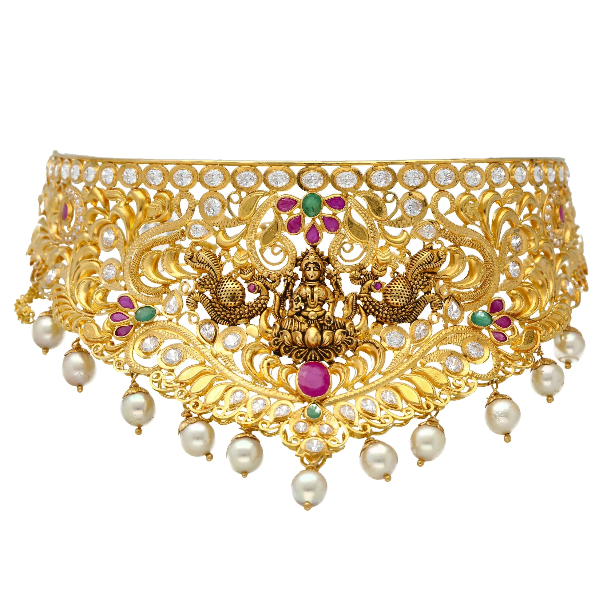 22K Yellow Gold Lakshmi Choker Set w/ Gems & Pearls (95.5gm)