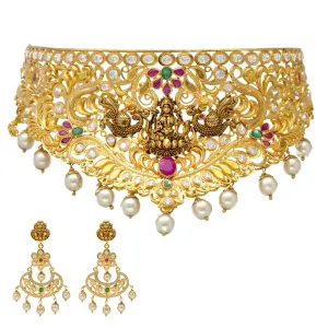 22K Yellow Gold Lakshmi Choker Set w/ Gems & Pearls (95.5gm)