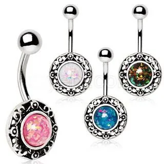 316L Stainless Steel Antique Navel Ring With Adorned Synthetic Opal