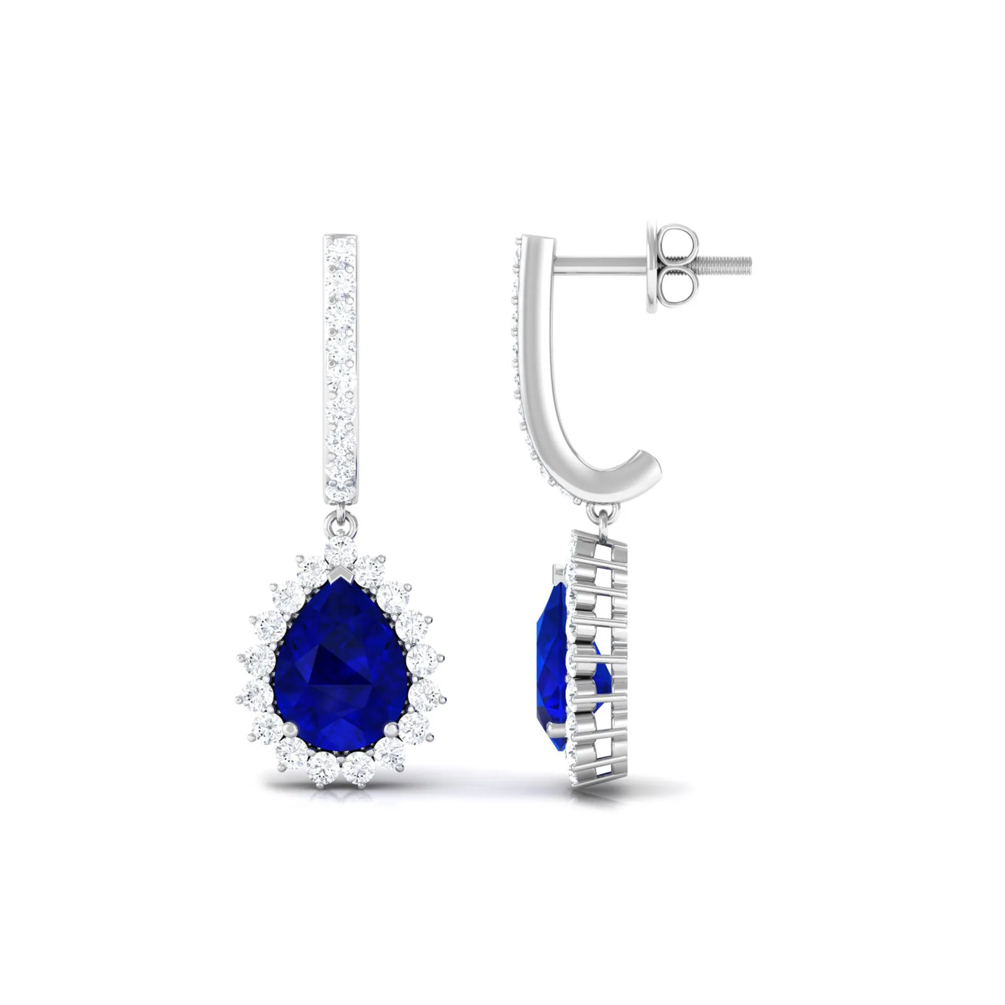 4.5 CT Created Blue Sapphire and Diamond Bridal Teardrop Earrings