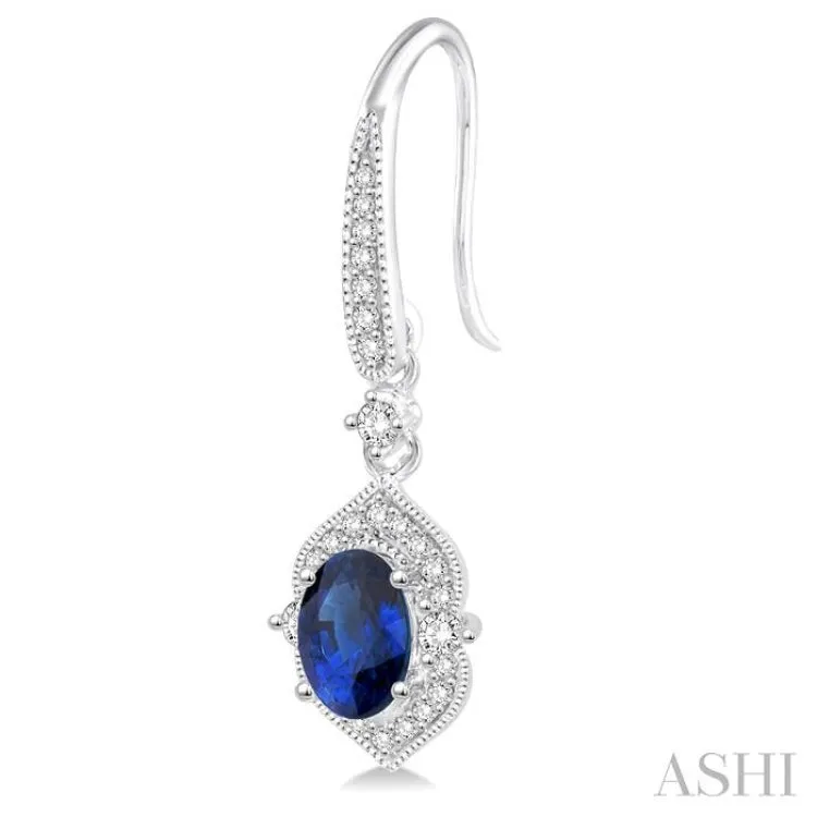 5x3 MM Oval Shape Sapphire and 1/3 Ctw Round Cut Diamond Precious Earrings in 14K White Gold