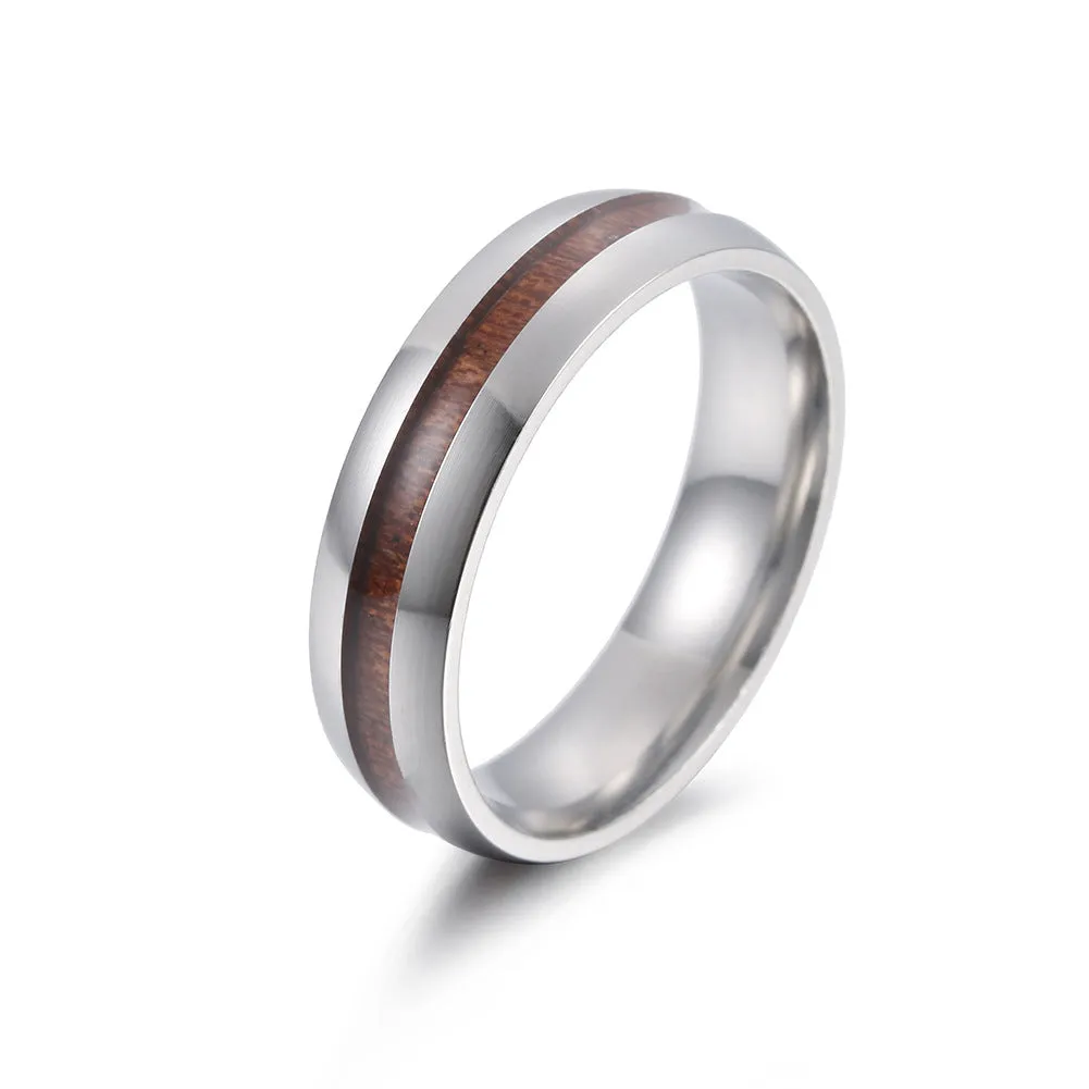 6MM Stainless Steel Acacia Wood Grain Men's Ring - Wholesale Jewelry Collection