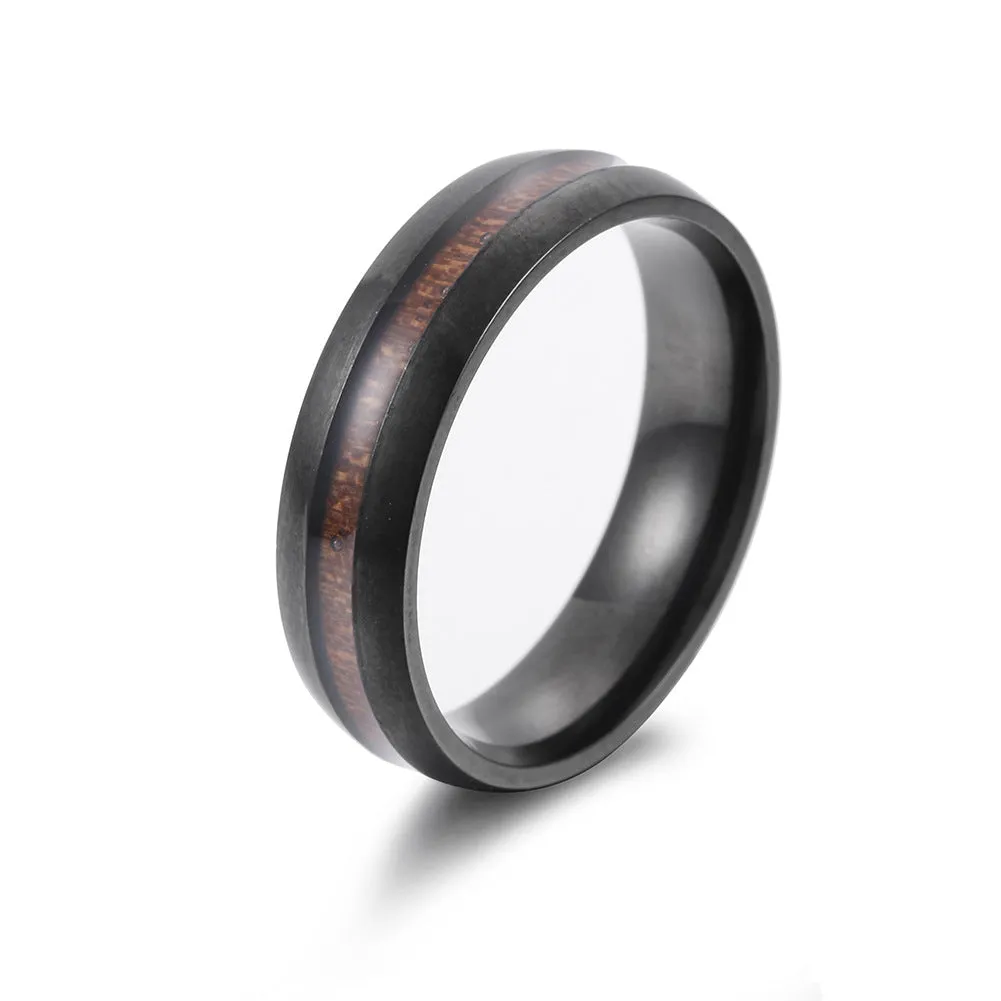 6MM Stainless Steel Acacia Wood Grain Men's Ring - Wholesale Jewelry Collection