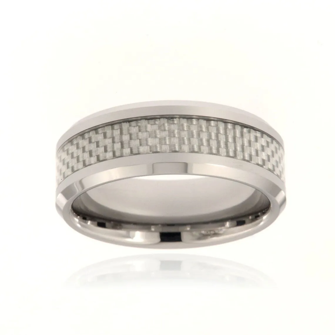 8mm Tungsten Carbide Men's Ring With Carbon Fiber Inlay, Polished Finish and Beveled Edge - FREE Personalization