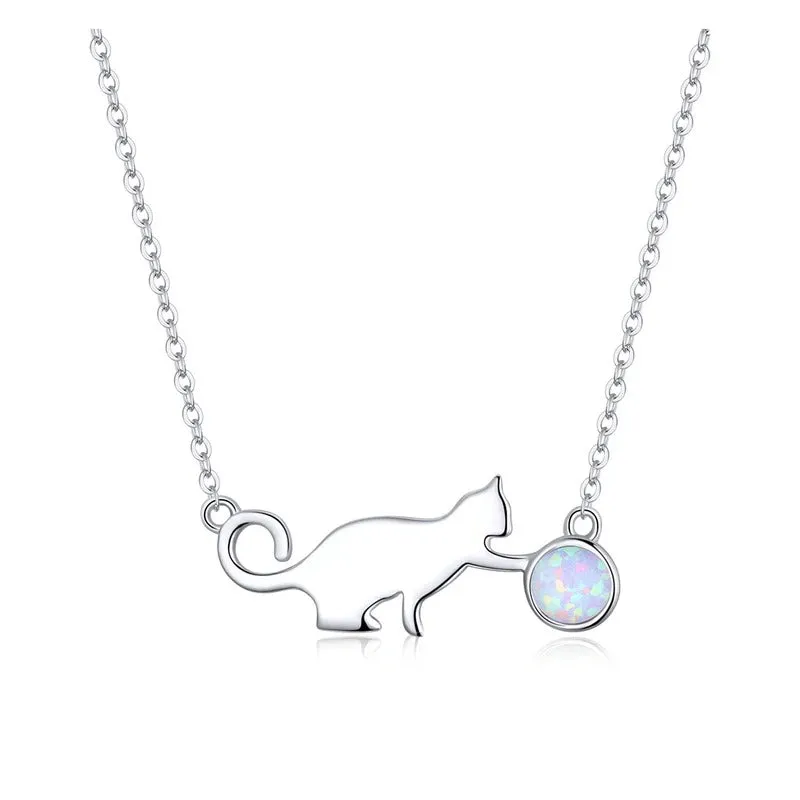 925 Sterling Silver Cute Cat Playing Ball Pendant Necklace Opal Link Chain for Women Girls Gift Jewelry