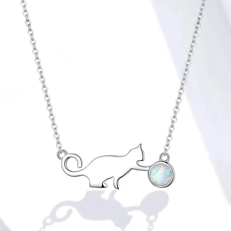 925 Sterling Silver Cute Cat Playing Ball Pendant Necklace Opal Link Chain for Women Girls Gift Jewelry