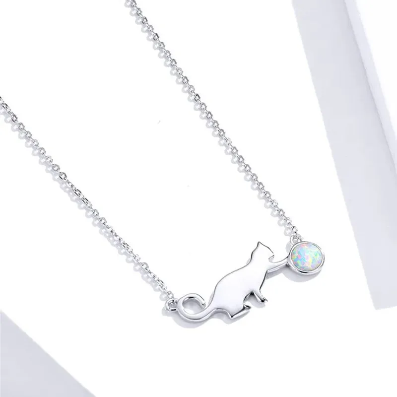 925 Sterling Silver Cute Cat Playing Ball Pendant Necklace Opal Link Chain for Women Girls Gift Jewelry