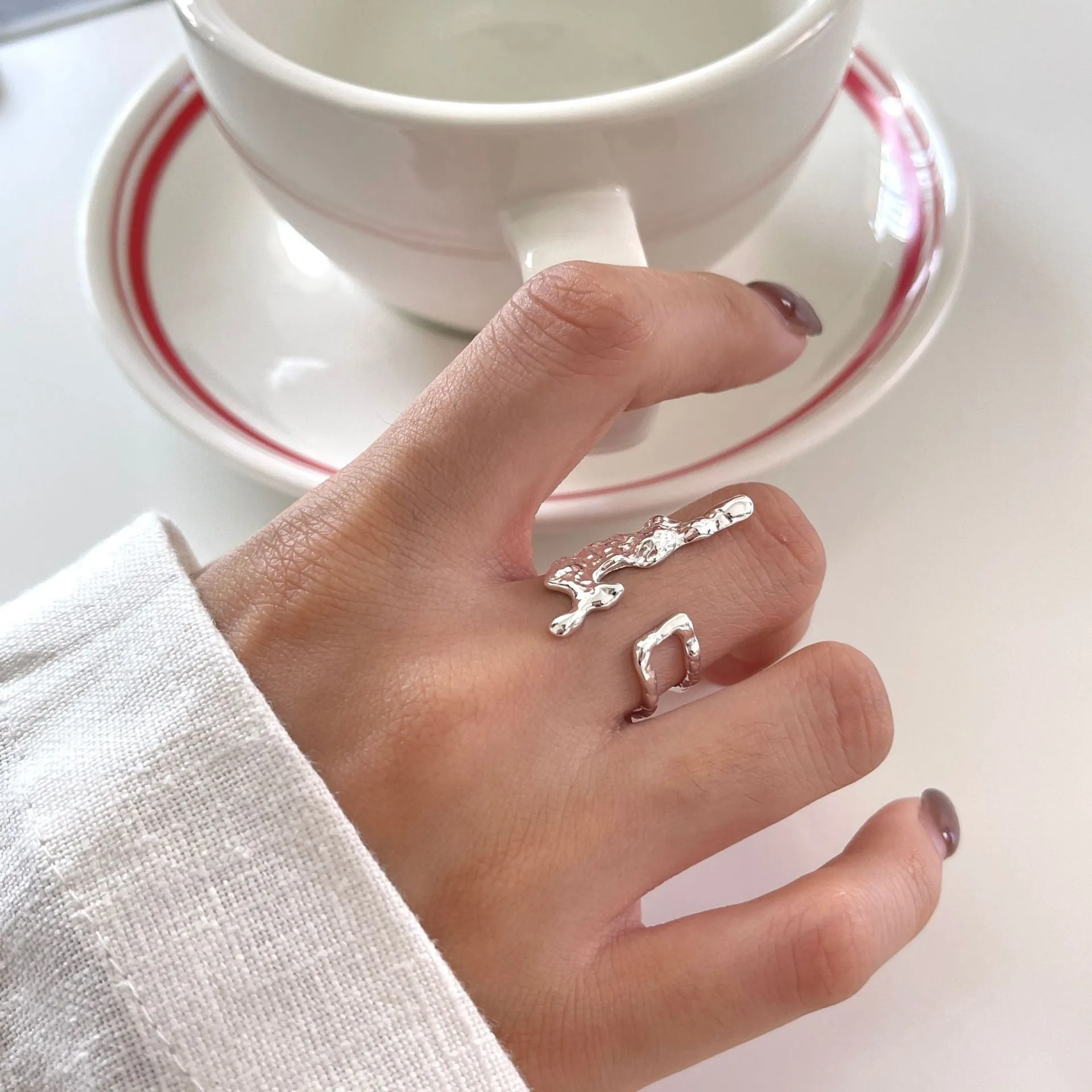 925 Sterling Silver Women Minimalist Wave Silver Silver Plating Rings