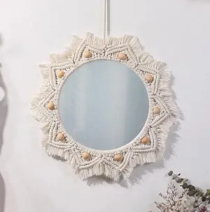 Aain Home Decor™ Macrame Hanging Wall Mirror with Macrame Round Mirror Art Boho Decor. Macrame Decorative Feather Home Decoration.