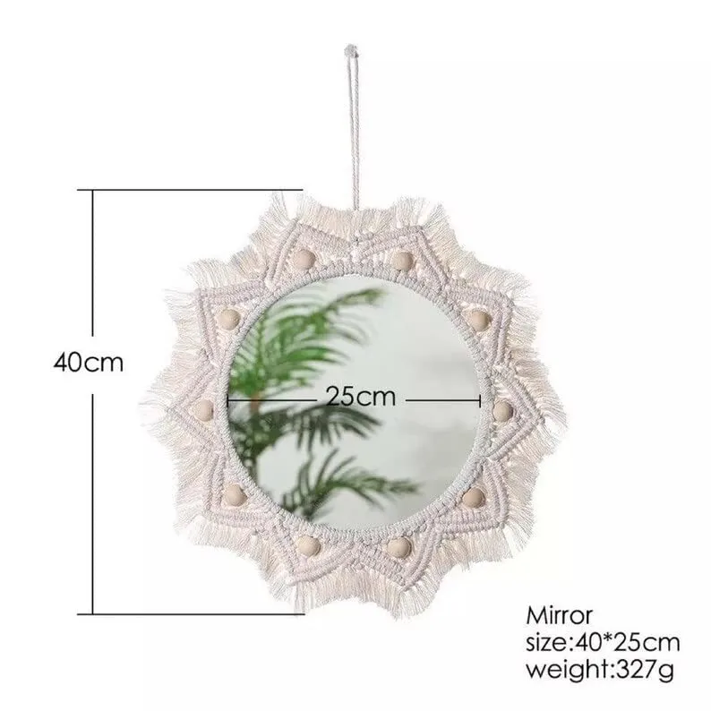 Aain Home Decor™ Macrame Hanging Wall Mirror with Macrame Round Mirror Art Boho Decor. Macrame Decorative Feather Home Decoration.