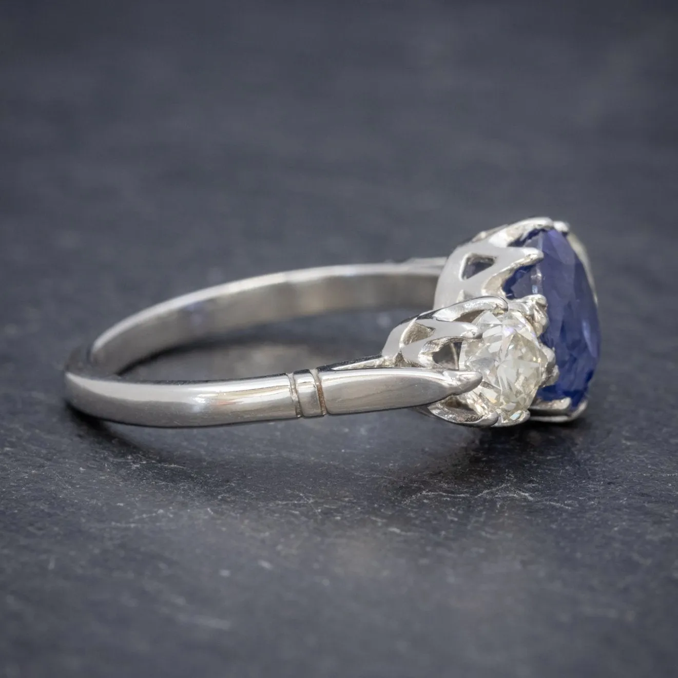 Antique Edwardian 2.40Ct Sapphire Diamond Trilogy Ring Platinum Circa 1915