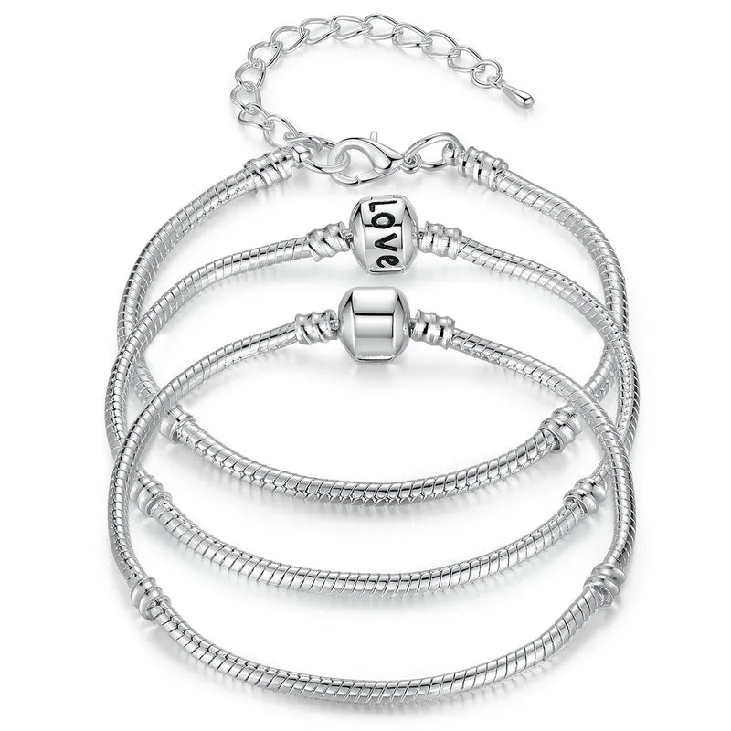 BAMOER 5 Style Silver Color LOVE Snake Chain Bracelet & Bangle 16CM-21CM Pulseras Lobster PA1104