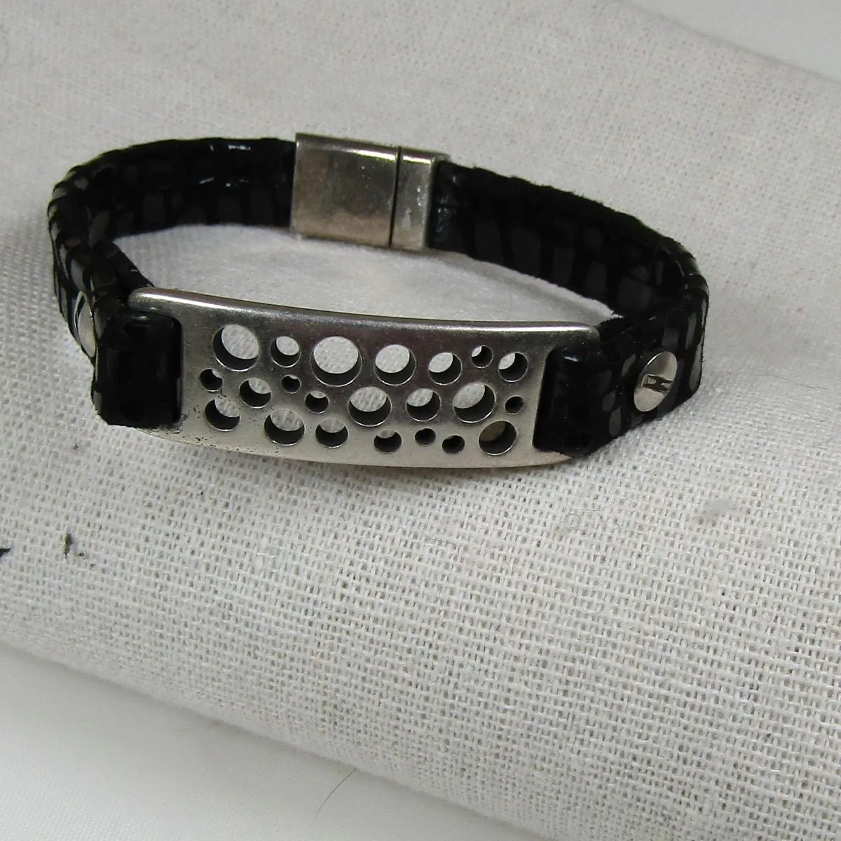 Black Leather Bracelet with Silver Cut Out ID Panel