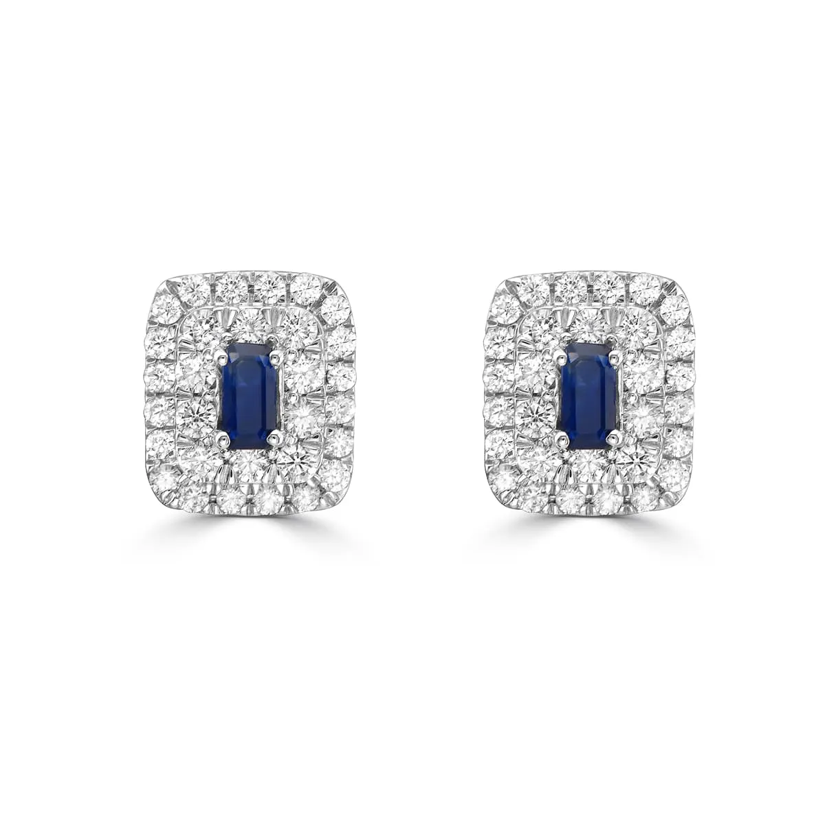 Blue Sapphire Baguette and Diamond Double Halo Stud Earrings