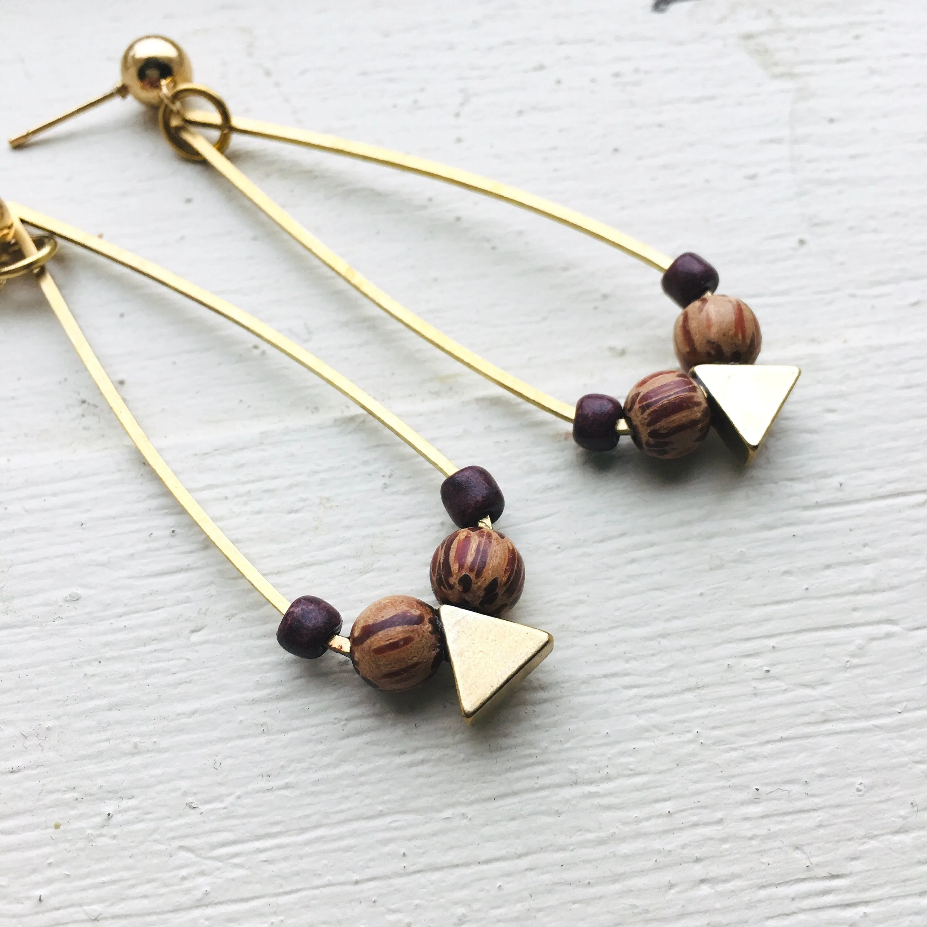 Brass Teardrop Hoop Earrings with Wood and Brass Triangle Beads