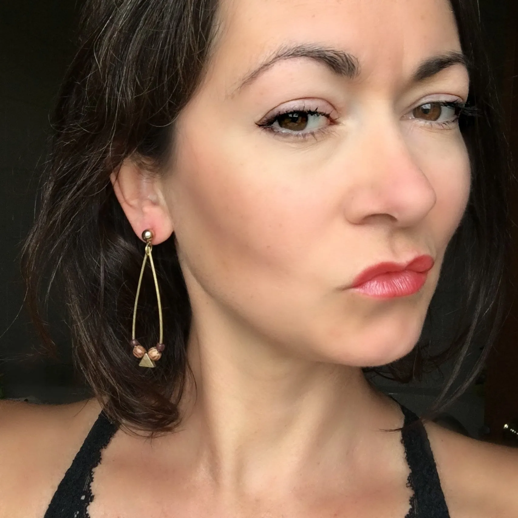 Brass Teardrop Hoop Earrings with Wood and Brass Triangle Beads