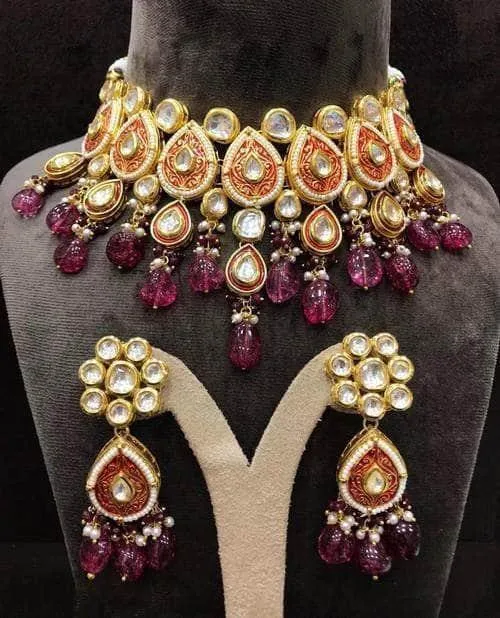 Choker Druzy Meena Kundan Neckkace Set