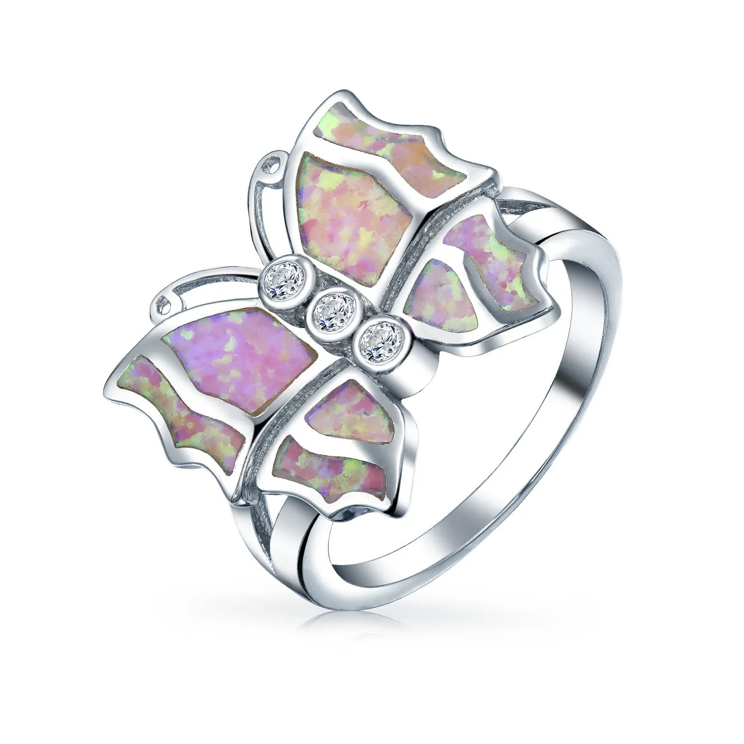 Cocktail Statement Ring: Pink Opal Butterfly with CZ Accents in Sterling Silver