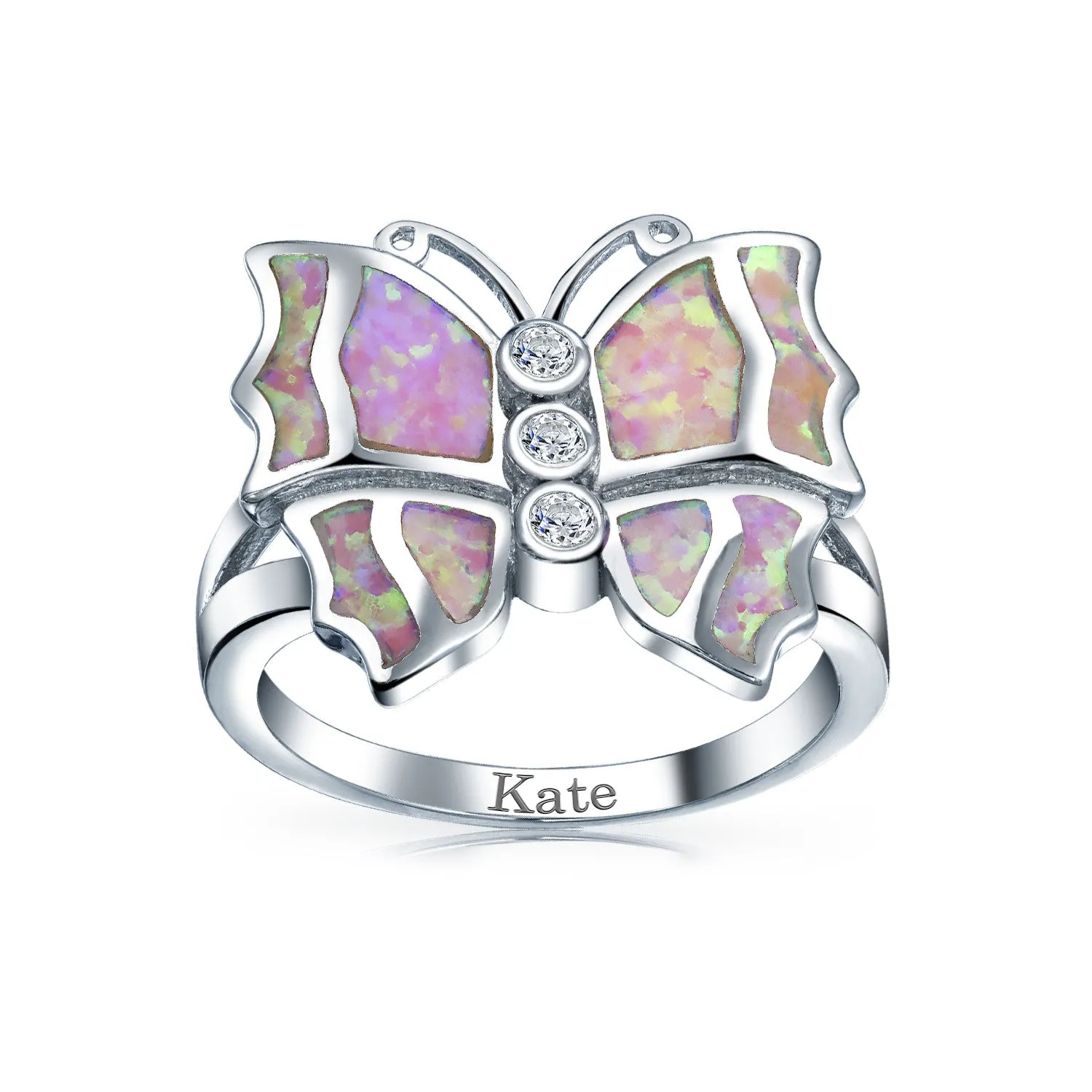 Cocktail Statement Ring: Pink Opal Butterfly with CZ Accents in Sterling Silver