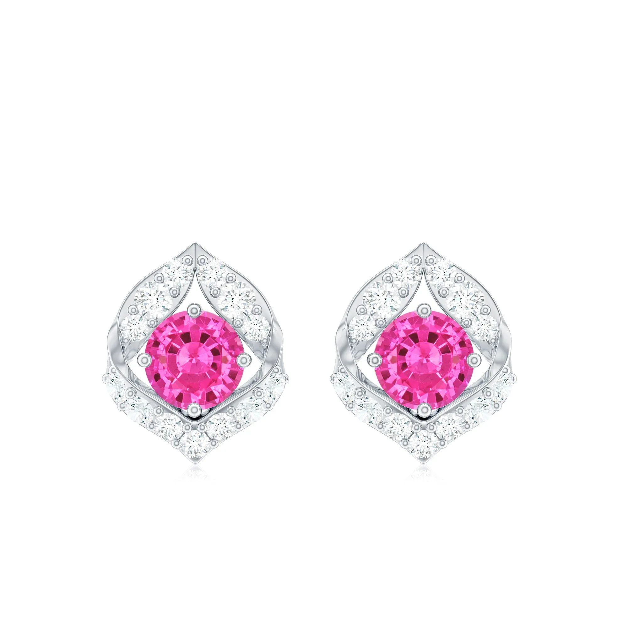 Created Pink Sapphire Nature Inspired Stud Earrings With Diamond