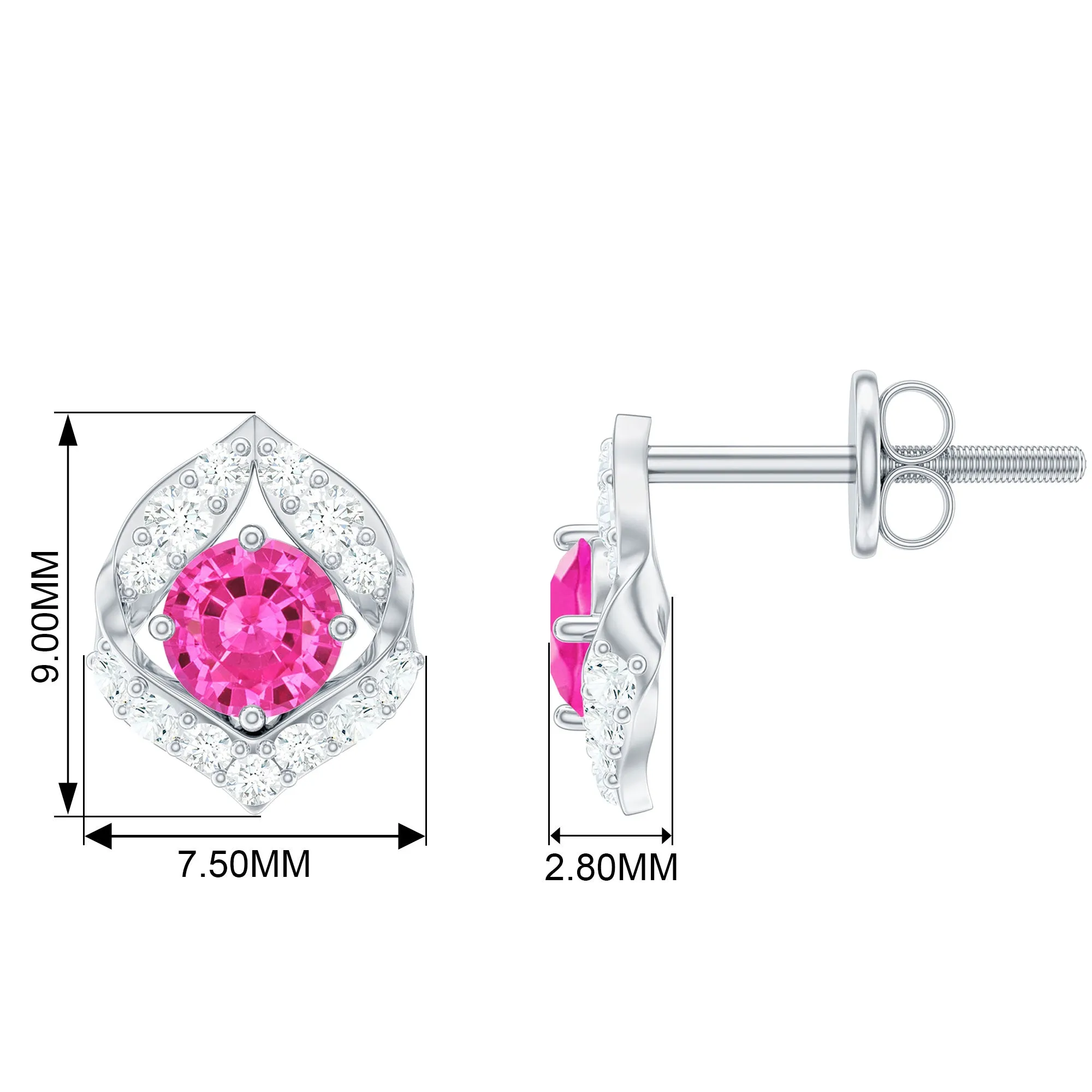 Created Pink Sapphire Nature Inspired Stud Earrings With Diamond