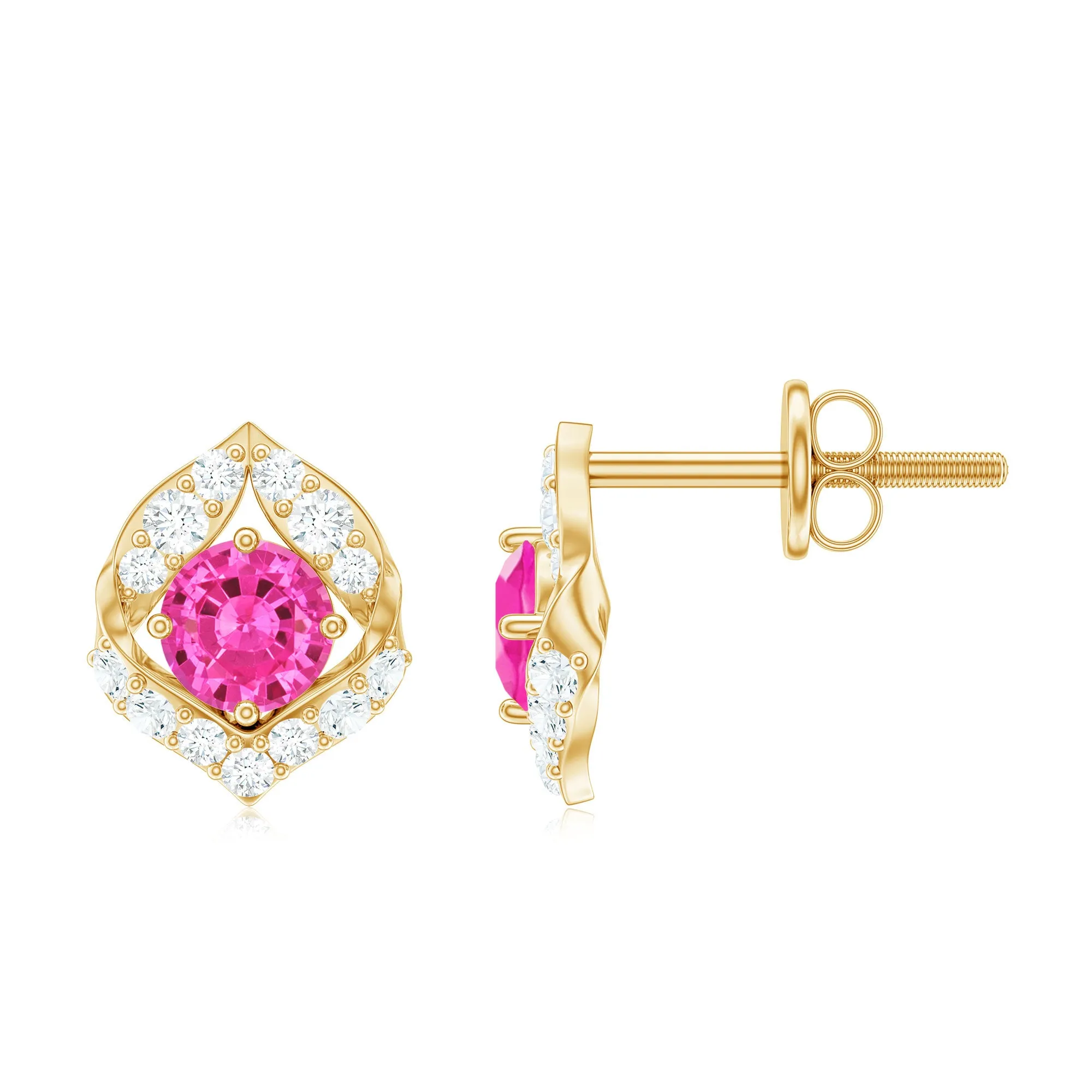 Created Pink Sapphire Nature Inspired Stud Earrings With Diamond