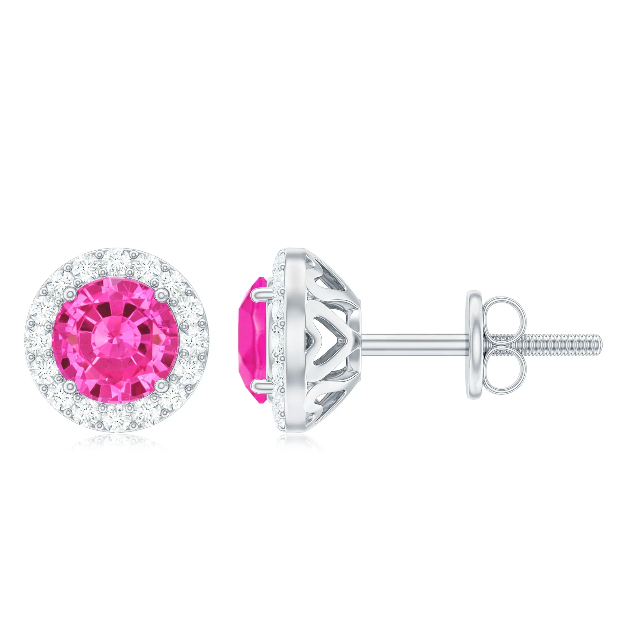 Created Pink Sapphire Screw Back Earrings With Diamond Halo