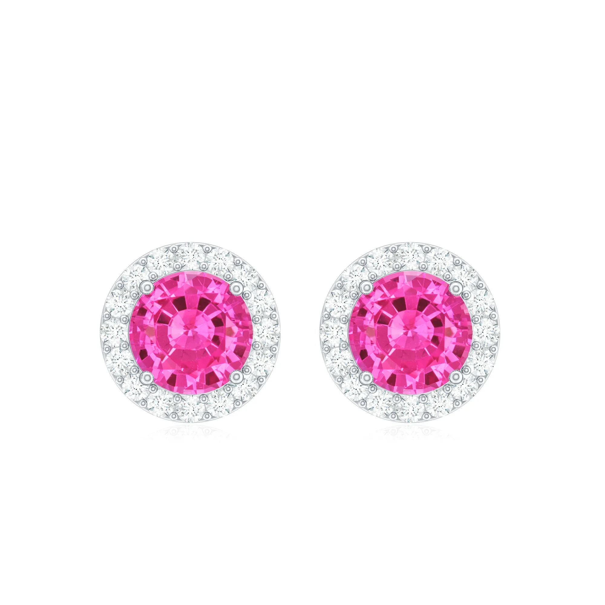 Created Pink Sapphire Screw Back Earrings With Diamond Halo