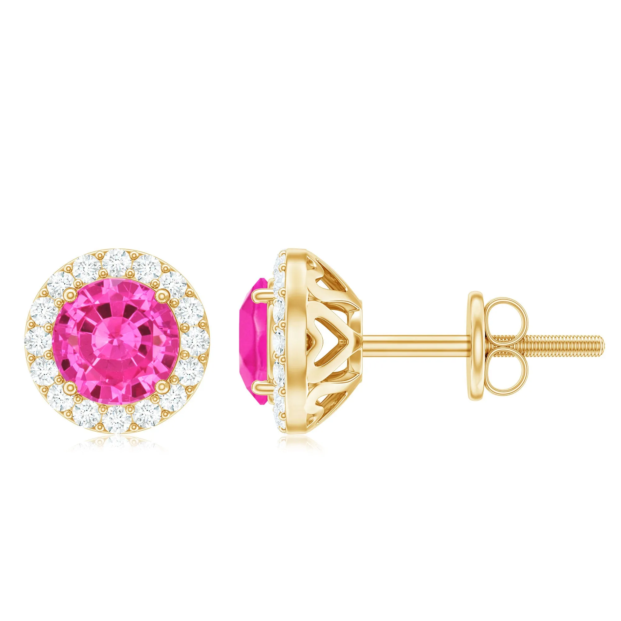 Created Pink Sapphire Screw Back Earrings With Diamond Halo