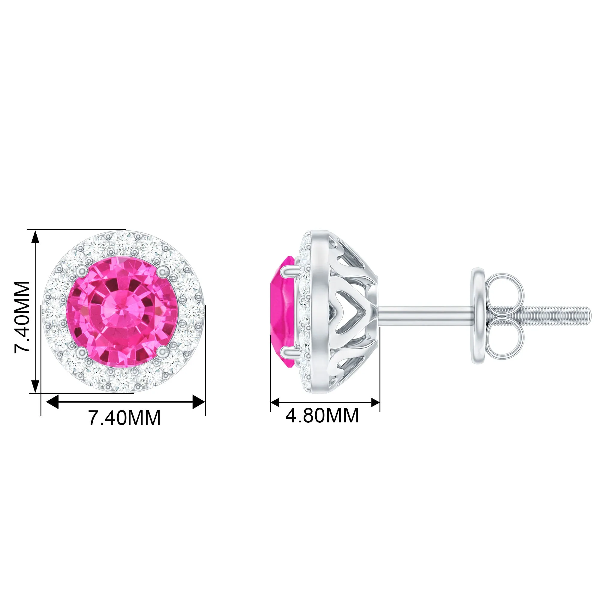 Created Pink Sapphire Screw Back Earrings With Diamond Halo