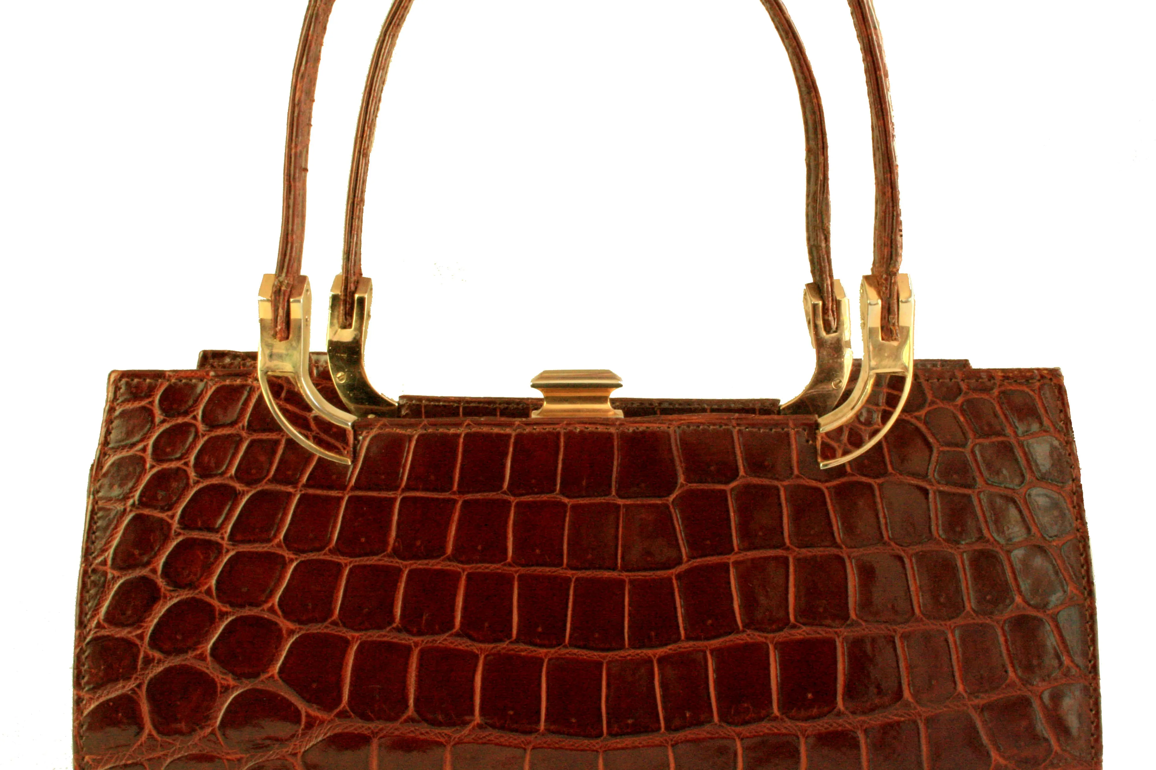 Crocodile skin frame handbag with twin handle