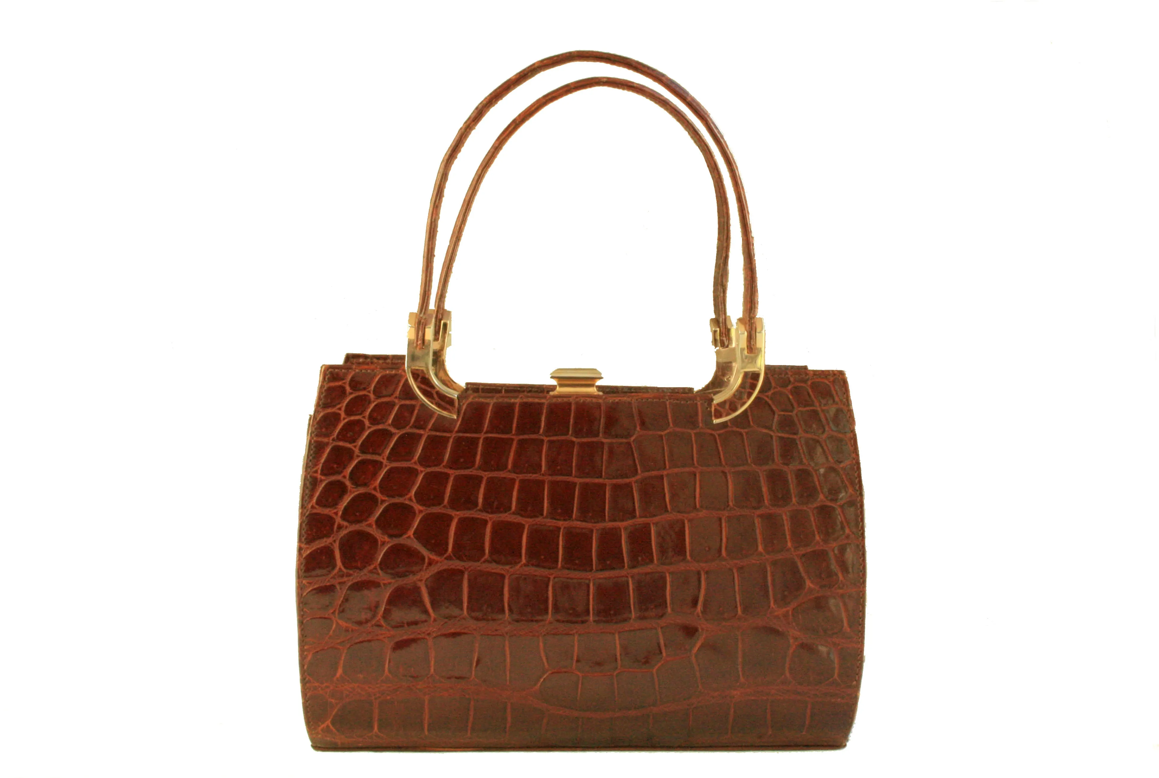 Crocodile skin frame handbag with twin handle