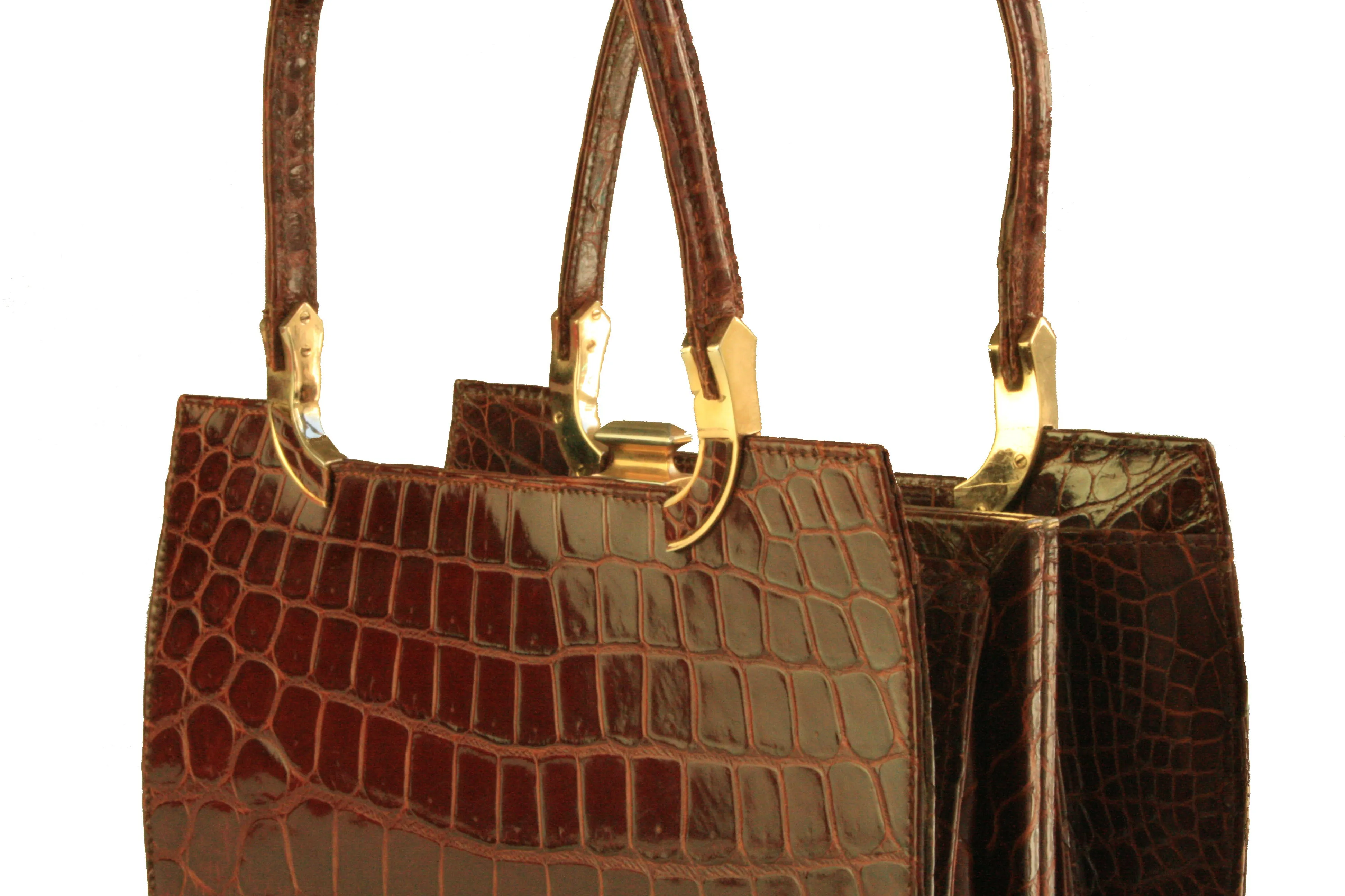 Crocodile skin frame handbag with twin handle