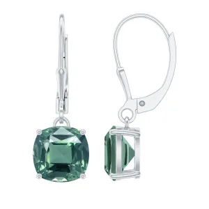 Cushion Cut Created Green Sapphire Solitaire Drop Earrings