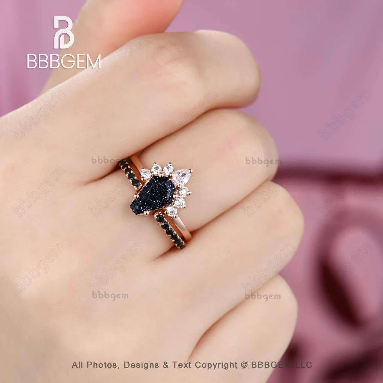 Dark Cluster Coffin Cut Blue Sandstone Wedding Ring Set for Women in Rose Gold Spinel Coffin Engagement Rings Unique Gift