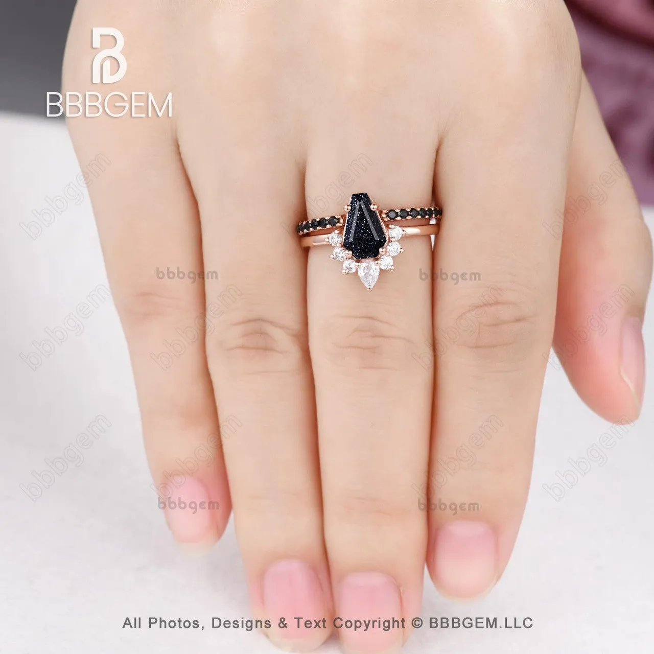 Dark Cluster Coffin Cut Blue Sandstone Wedding Ring Set for Women in Rose Gold Spinel Coffin Engagement Rings Unique Gift