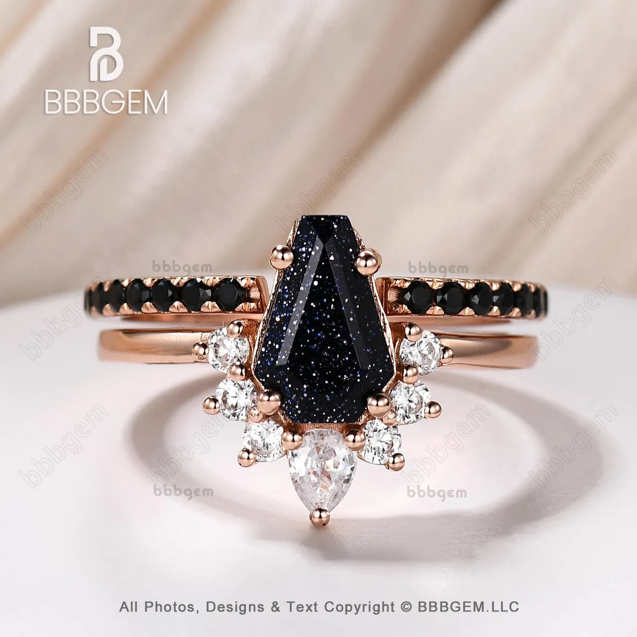 Dark Cluster Coffin Cut Blue Sandstone Wedding Ring Set for Women in Rose Gold Spinel Coffin Engagement Rings Unique Gift