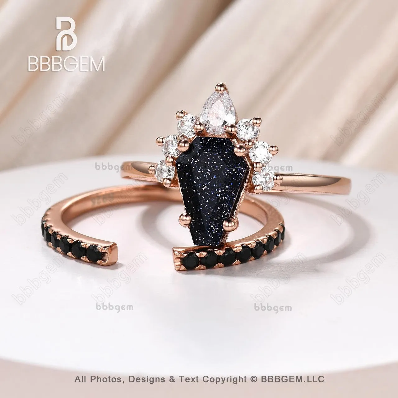 Dark Cluster Coffin Cut Blue Sandstone Wedding Ring Set for Women in Rose Gold Spinel Coffin Engagement Rings Unique Gift