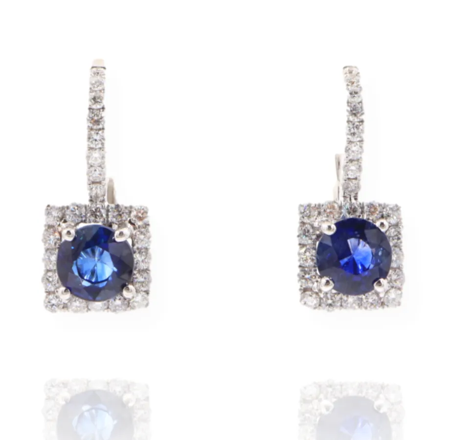 Diamond Huggies And Square Halo With Blue Sapphire Center Stone 2.27CTS 14KW 10052-4