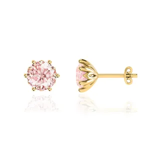 ELOISE - Round Champagne Sapphire 18k Yellow Gold Lotus Leaf Stud Earrings