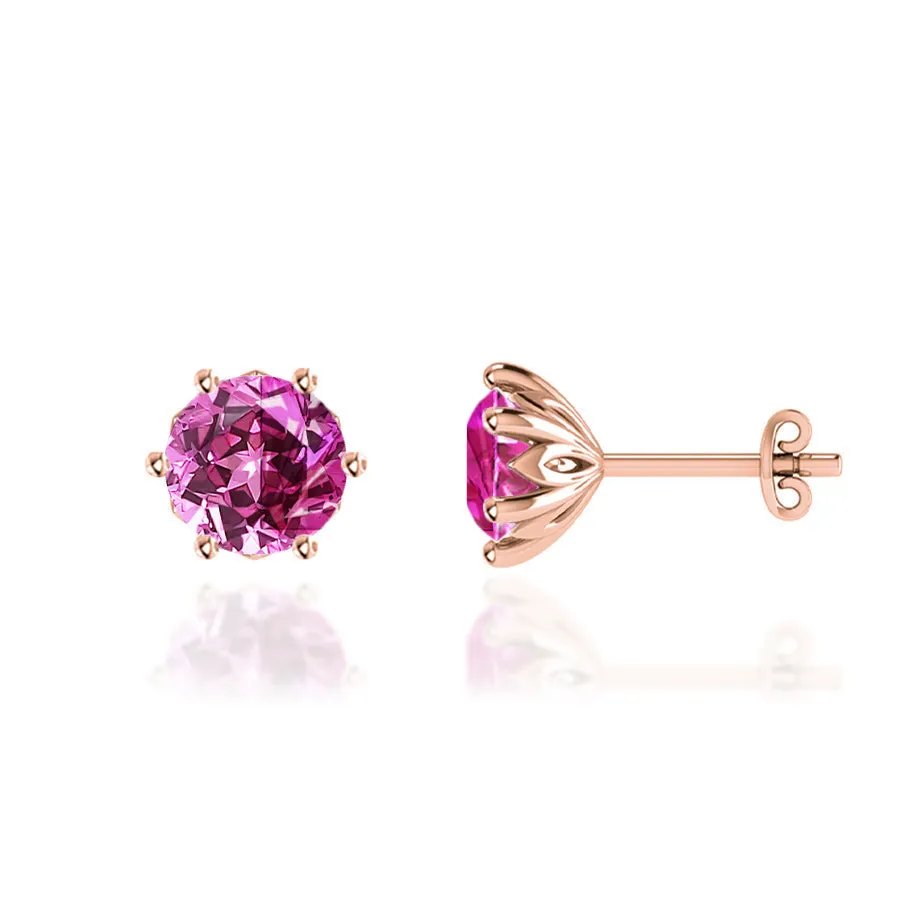 ELOISE - Round Pink Sapphire 18k Rose Gold Lotus Leaf Stud Earrings